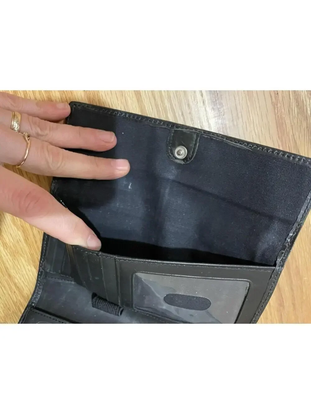 Vintage Fossil Black Genuine Leather Womens Trifold Wallet W/Outer Zipper Pocket